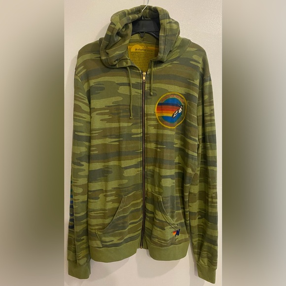 AVIATOR NATION Zip front Hoodie Size XXL Army print with multi color logo - Picture 3 of 5